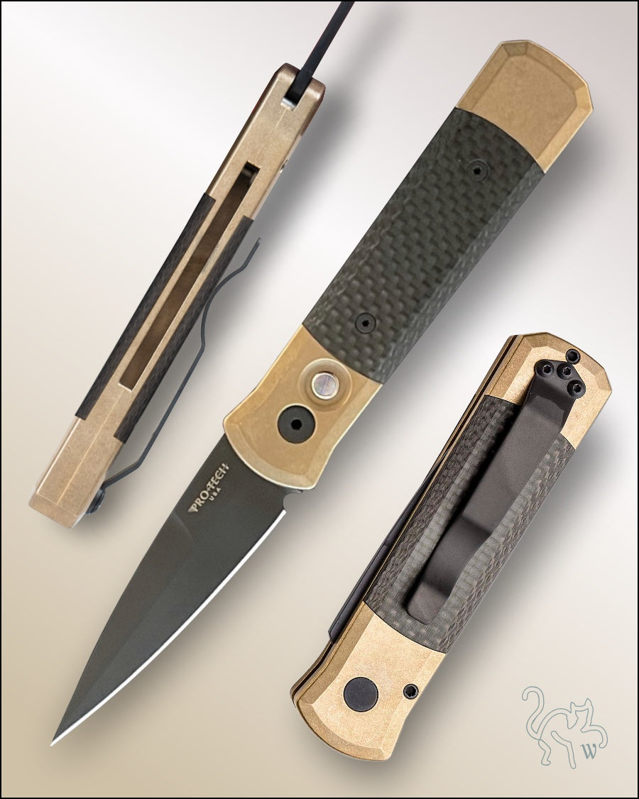 Pro-Tech Godson Limited Bronze Aluminum Handle Carbon Fiber Inlays, Black 3.15” DLC Spear Point Blade #7115
