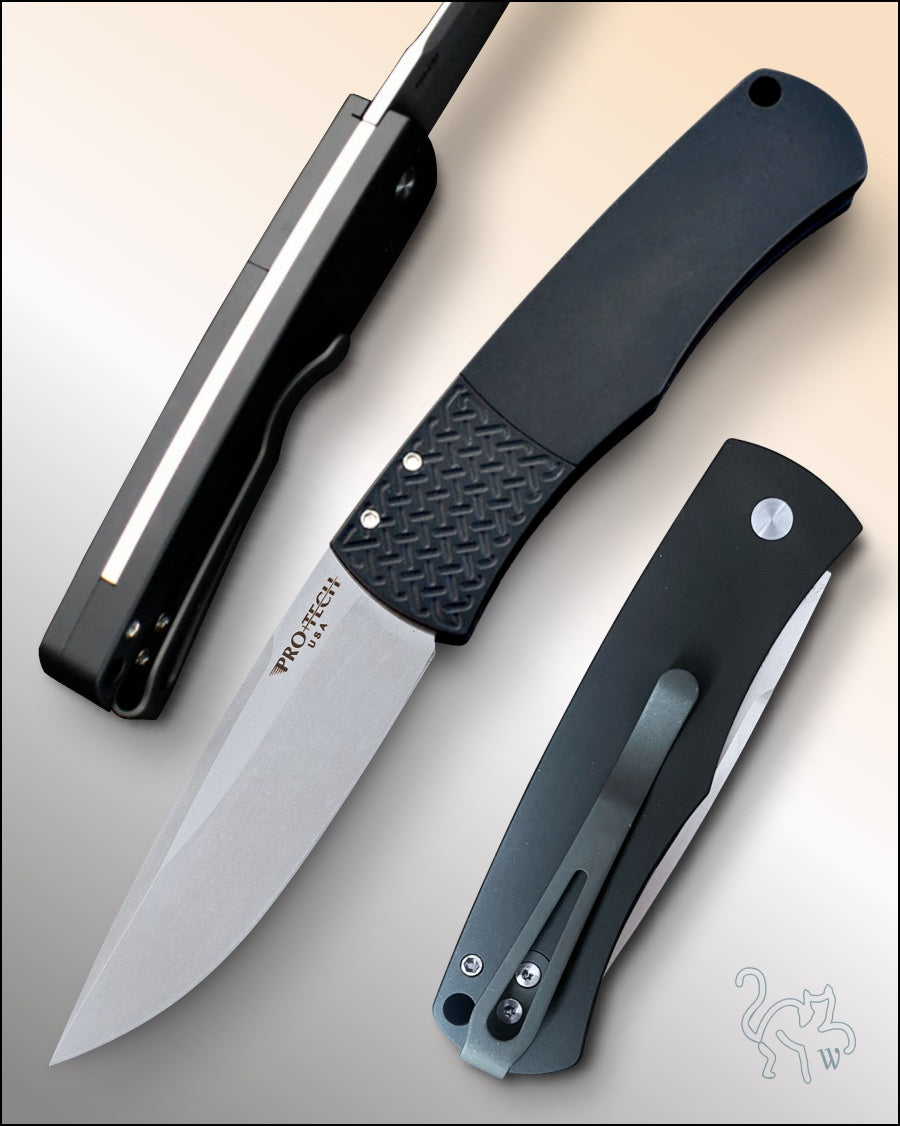 Pro-Tech Mike “Whiskers” Design Black Handle Stonewash Finished Blade BR-1.3