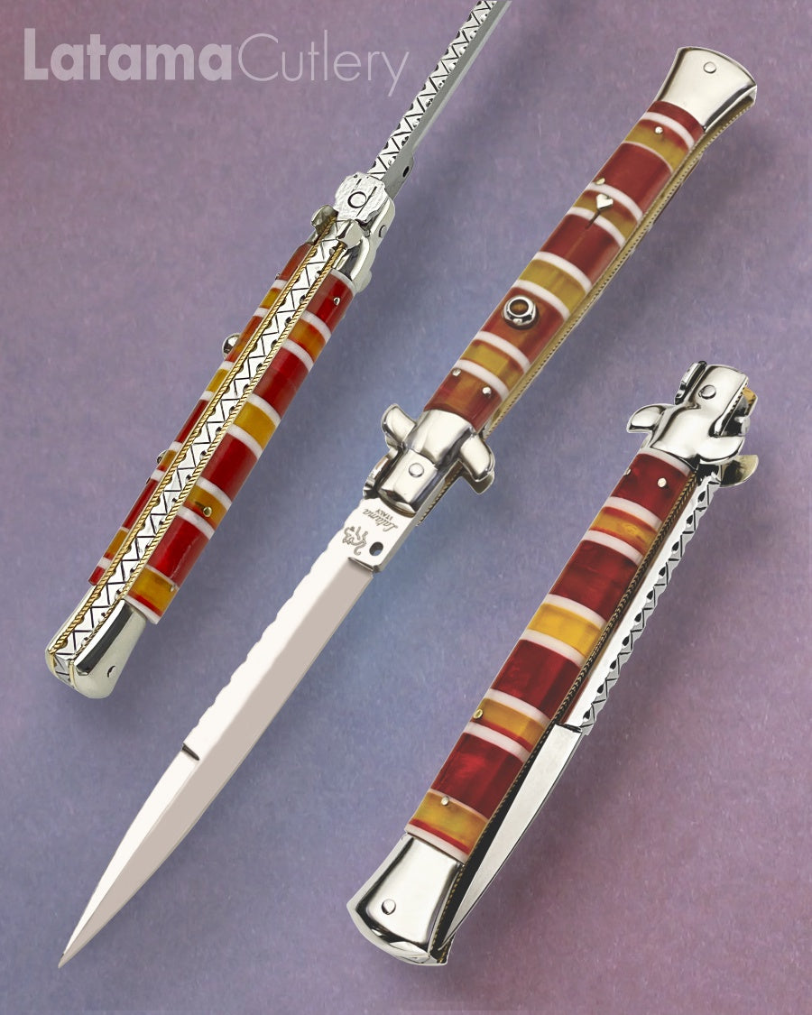 Walt's 28cm Full Custom CLASSIC “Candy Stripe” Tiger Eye Insert Release Button Bayonet Grind C-CL-CS-BA11932 portrait