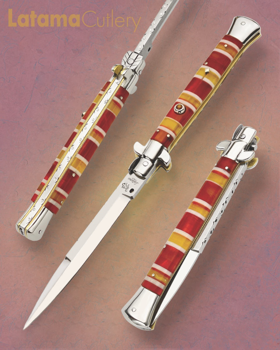 Walt's 28cm Full Custom PICKLOCK “Candy Stripe” Tiger Eye Release Button Bayonet Grind C-PK-CS-BA11947