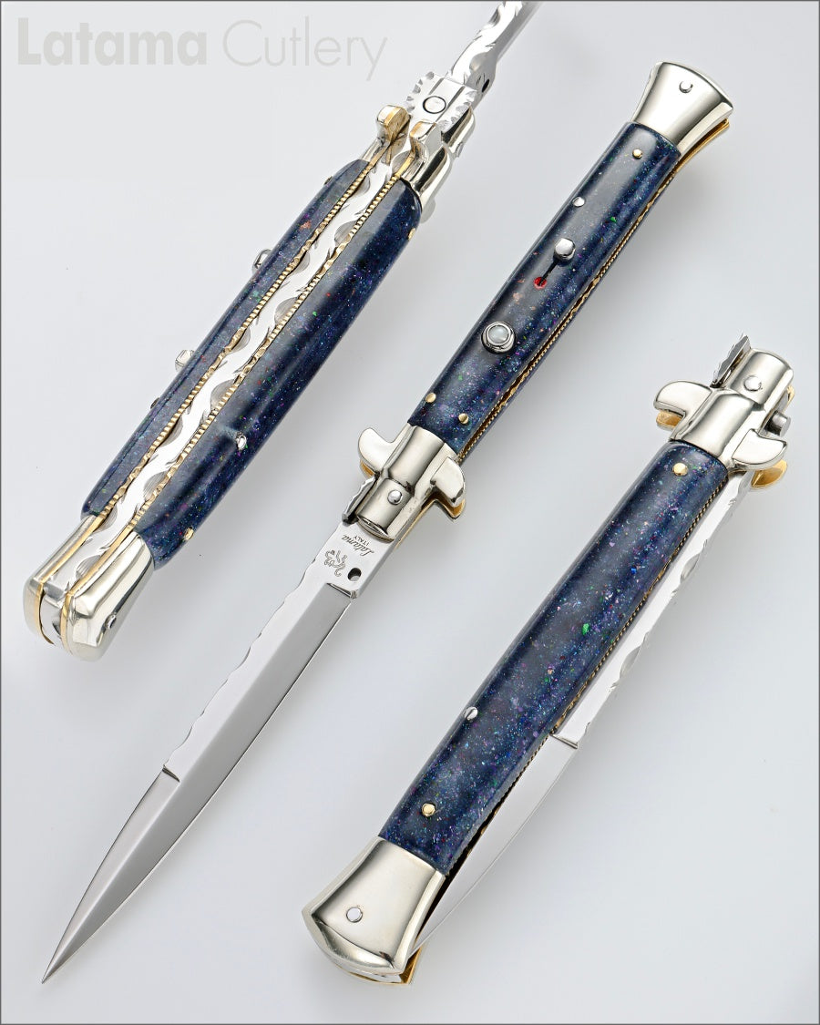 Walt&#39;s 28cm Custom PICKLOCK “Galaxy – Night Sky” Mother of Pearl Insert Release Button Bayonet Grind C-PK-GA-BA11501