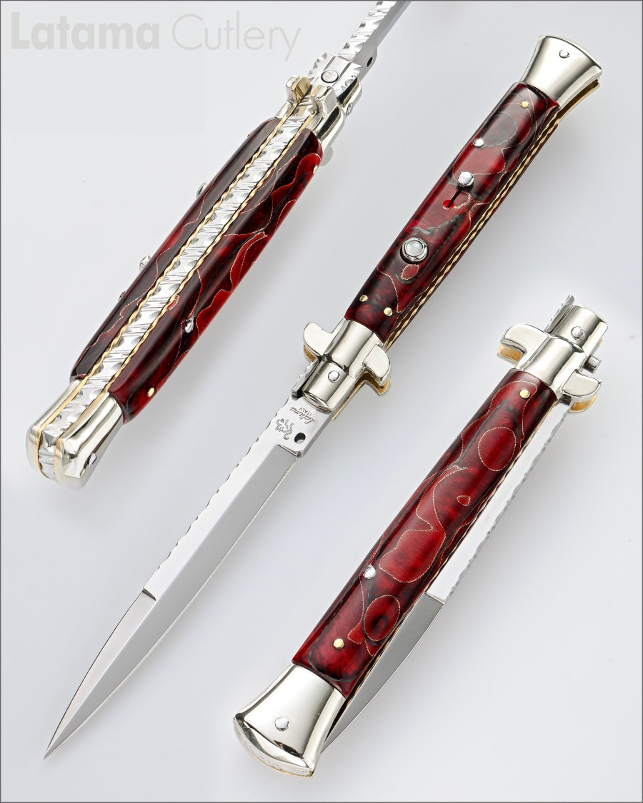 Walt's 28cm CUSTOM Picklock “Maroon with Black &amp; Copper Wire Accent” Mother of Pearl Insert Release Button Bayonet Grind C-PK-MC-BA11502