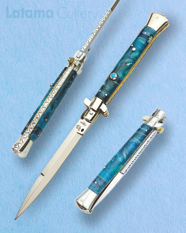 Walt's 28cm Full Custom PICKLOCK “Ocean Wave” Turquoise Insert Release Button Bayonet Grind C-PK-OW-BA11822