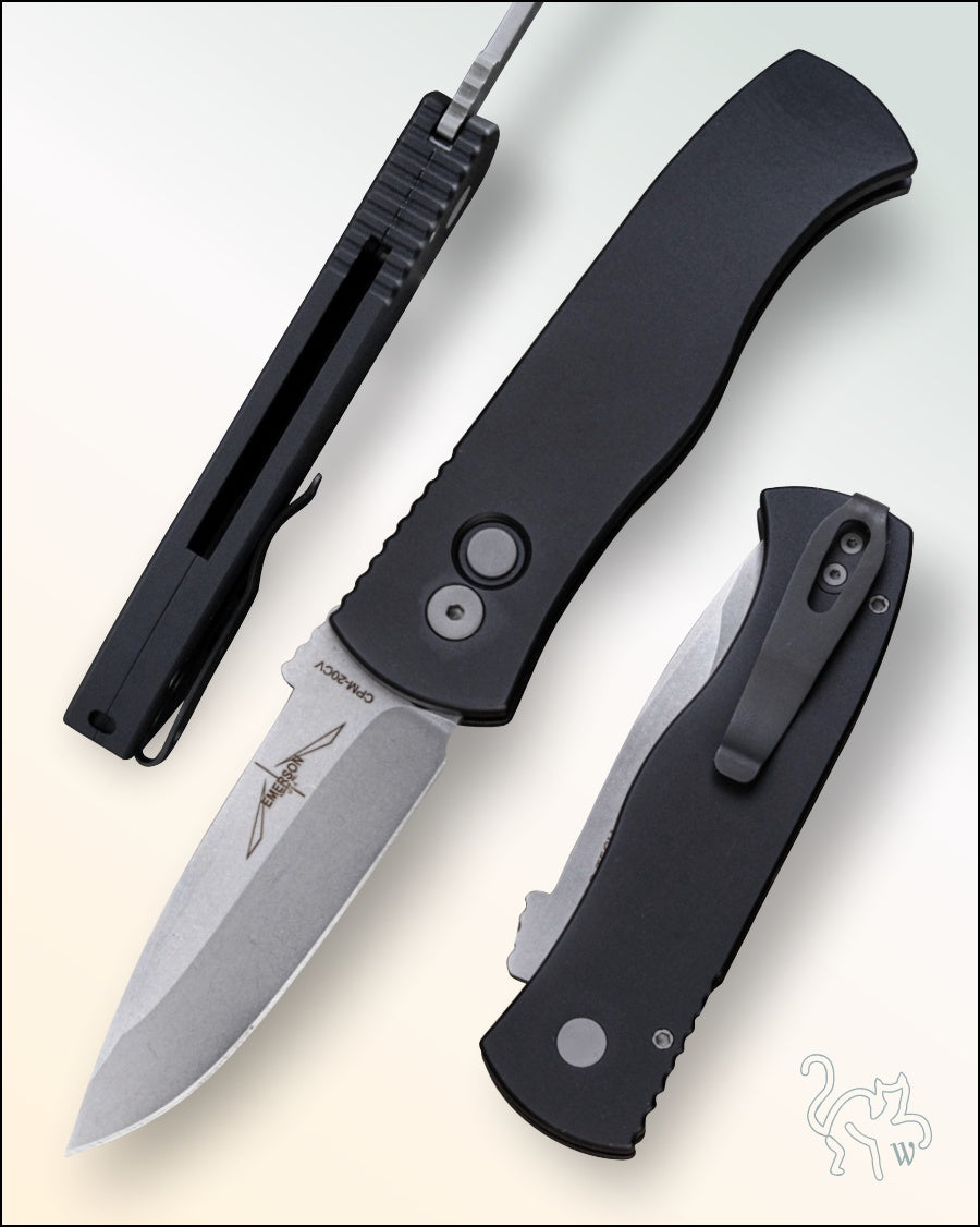 Pro-Tech Emerson CQC7 Black Solid Handle Stonewash 3.25” Blade E7A01-20CV