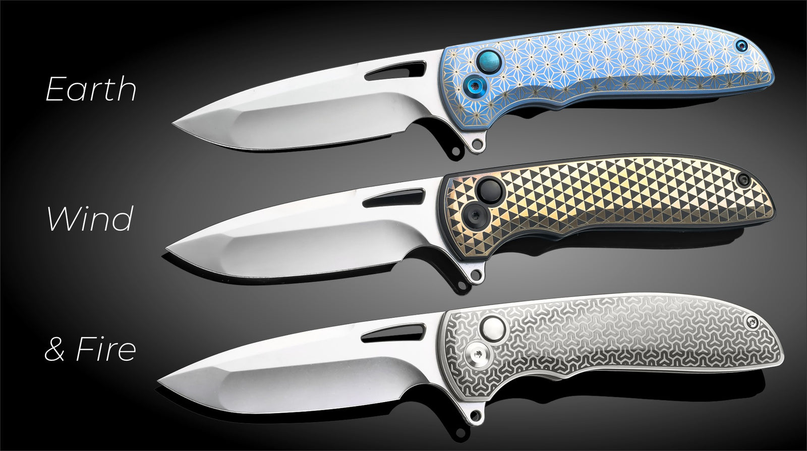 Three knives labeled 'Earth', 'Wind', and 'Fire' with different handle designs on a dark background.