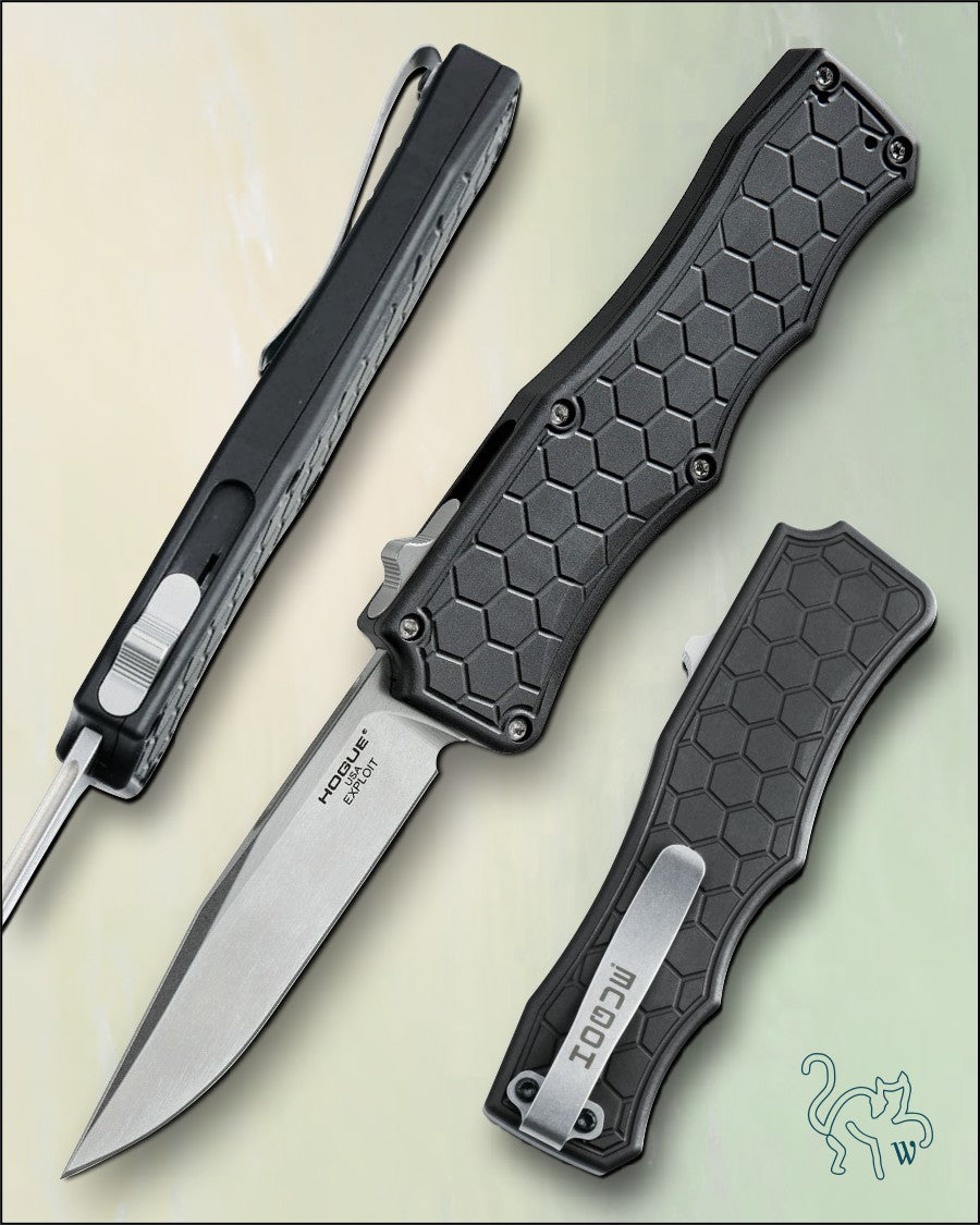 Hogue Exploit OTF Black Aluminum Handle 3.5” Stonewash Clip Point Blade 34050