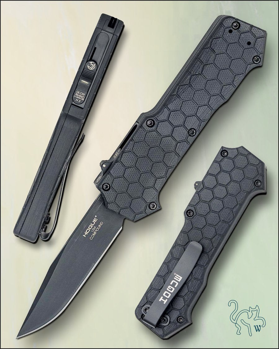 Hogue Compound OTF 34031 Automatic Knife Black PVD Clip Point Blade G10 Handle Tritium Switch