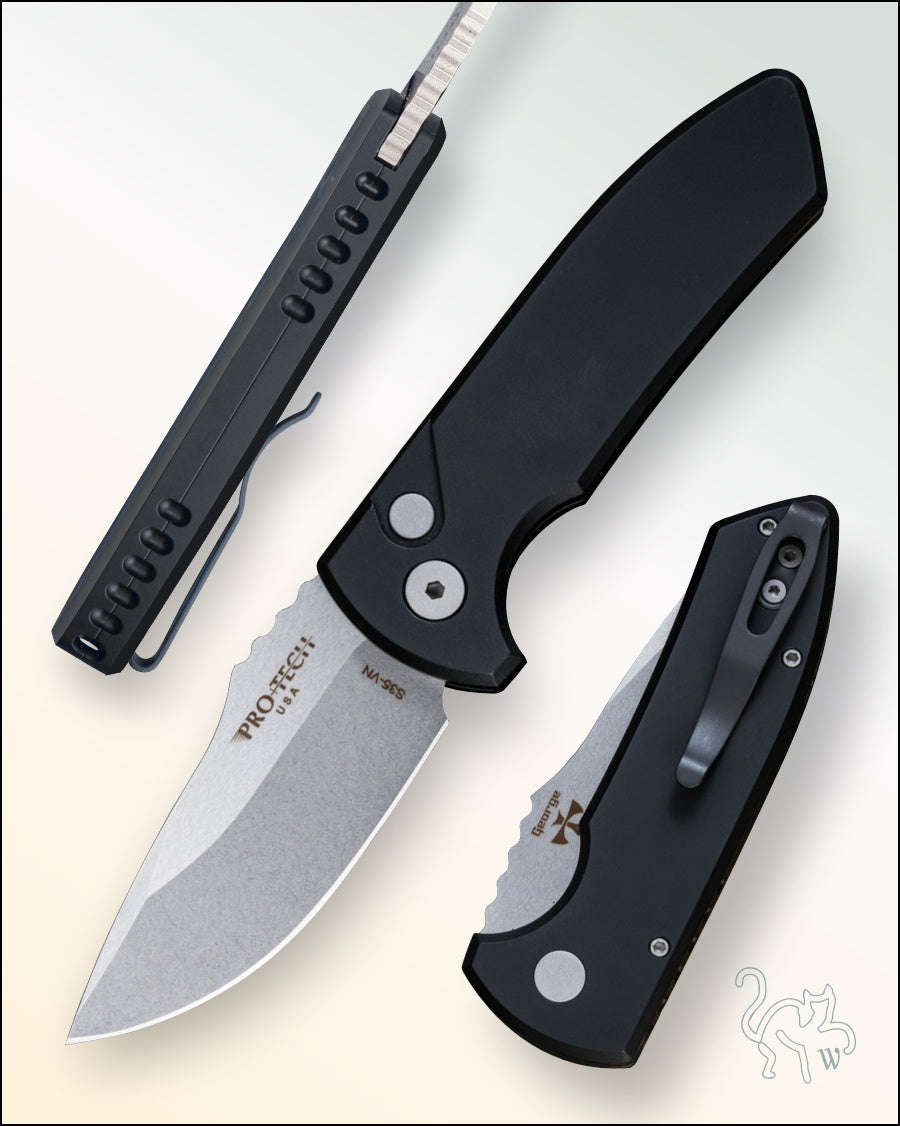 Pro-Tech Les George SBR LG401 Stonewash Blade Smooth Black Aluminum Handle