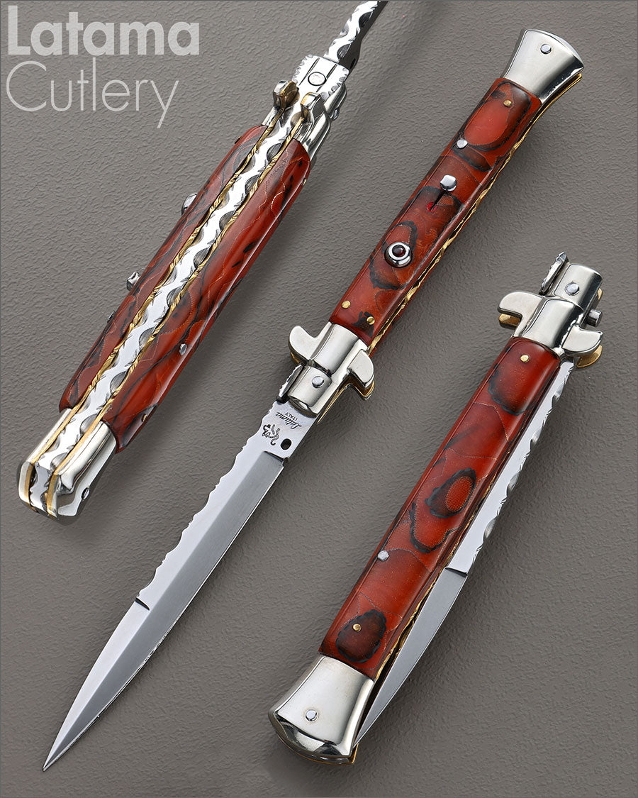 Walt's 28cm CUSTOM Picklock “Rusty/Brick with Black - Copper Wire Accent” Fire Opal Insert Release Button Bayonet Grind C-PK-RCW-BA11461