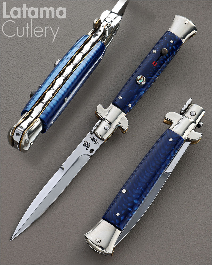 Walt's 23cm CUSTOM Picklock “Blue Snakeskin Juma” Abalone Insert Release Button Half Grind C-PK-BS-HG9465