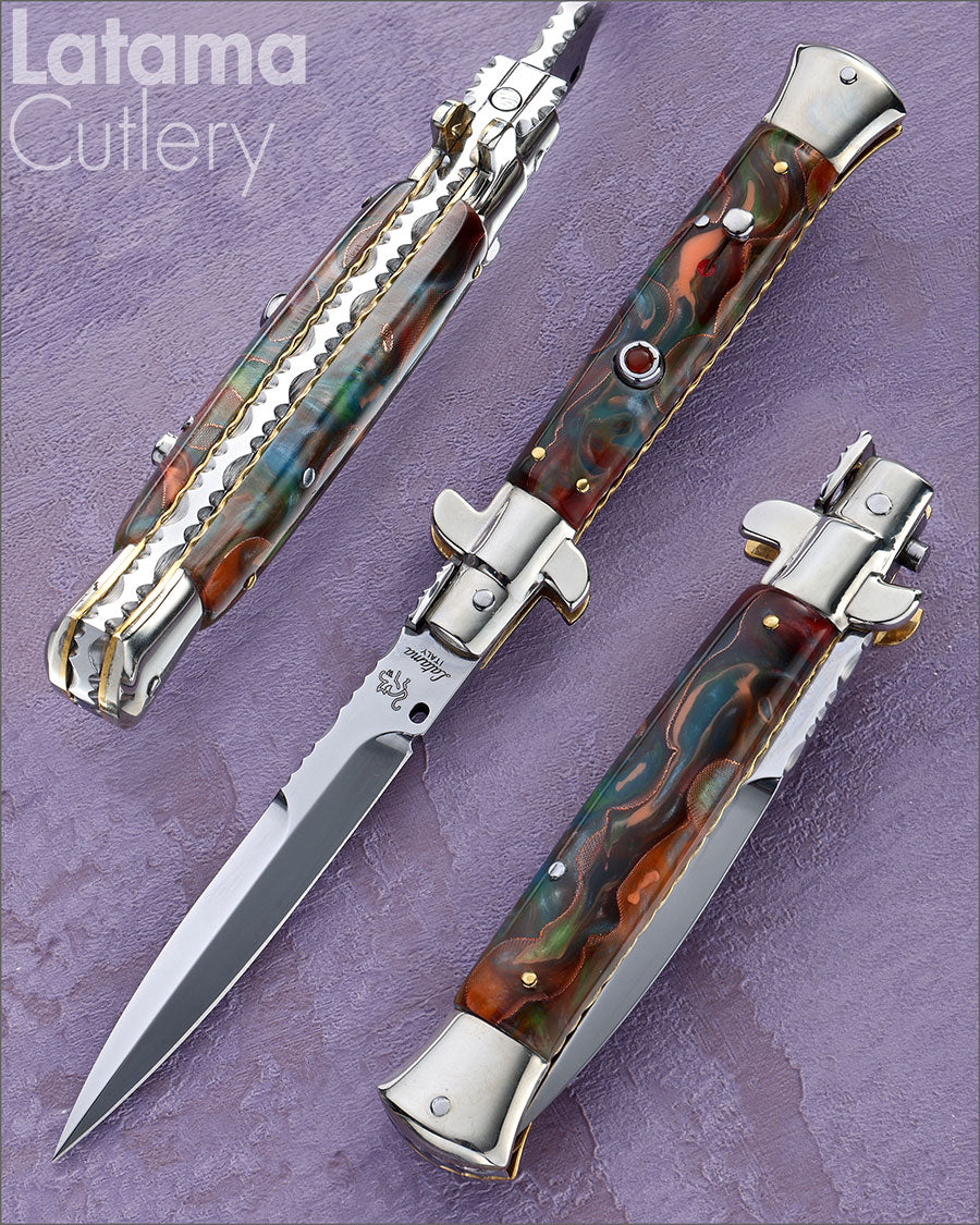 Walt's 23cm CUSTOM Picklock “Blue/Orange - Copper Wire Accent” Amber Insert Release Button Half Grind C-PK-BCW-HG9466