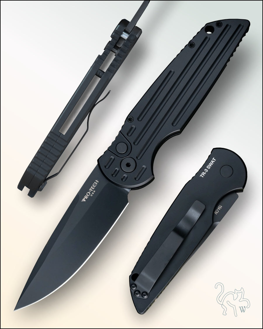 Pro-Tech TR-3 SWAT Tactical Response Three “Black Handle with Grooves” DLC Black 3.5” Blade
