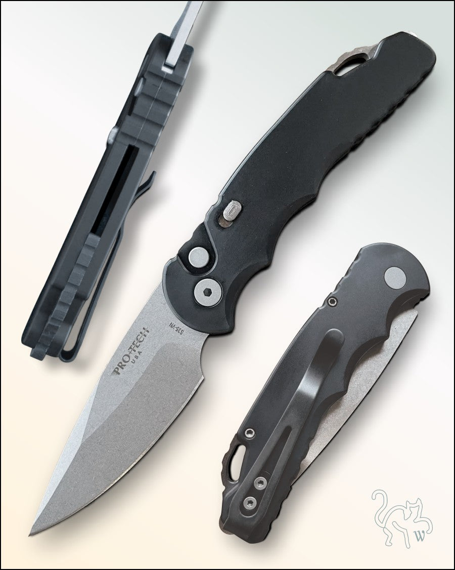 Pro-Tech TR-5 Auto Black Handle with Glass Breaker Stonewash Blade T501