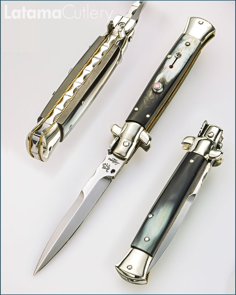 Walt's 23cm CUSTOM CLASSIC “Primo Black &amp; White” Half Grind Abalone Release Button C-CL-PR-HG9528