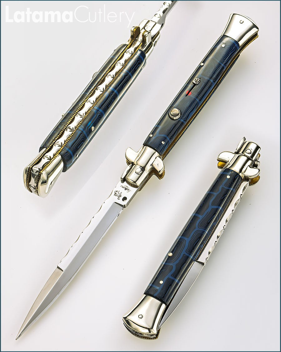 Walt&#39;s 28cm CUSTOM Picklock “Geometric Maze on Dark Blue” Bayonet Grind with MOP Release Button C-PK-DB-BA11523