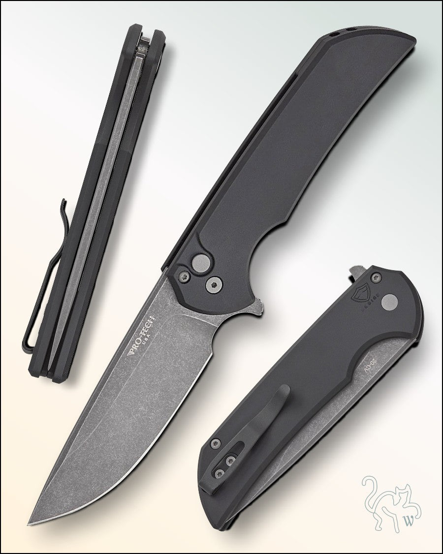 Pro-Tech Mordax MX101-AW 20CV Solid Black Handle - Acid Wash Blade